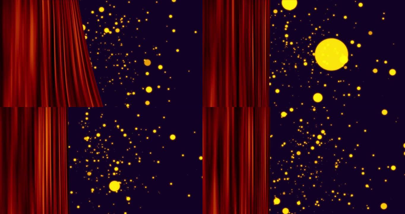 红色窗帘用金色圆点揭示黑色空间的动画