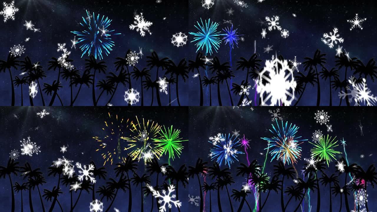雪花落在棕榈树和烟花上的动画