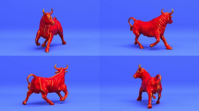 强大的愤怒力量公牛或旋转牛无缝循环动画背景，新年快乐和占星术星座的金牛座十二生肖，西班牙斗牛概念3d