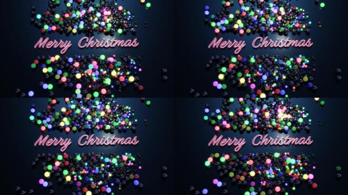 带有圣诞快乐字体和花环的环形圣诞卡，散落在表面上的球点亮并形成美丽的图案。霓虹灯新年作文。圣诞灯