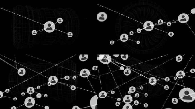 黑色背景上带有图标的连接网络动画