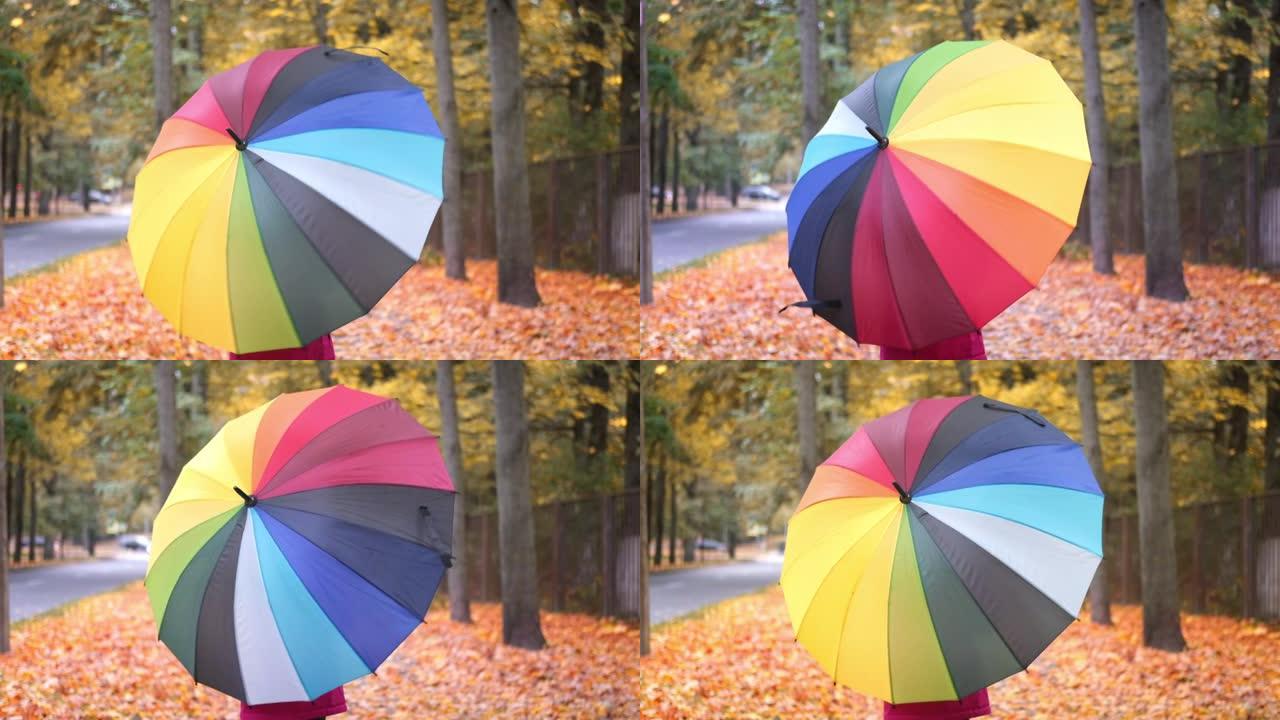 小女孩笑着玩耍，用彩虹伞旋转秋天落在公园里的金色橙色枫叶上
