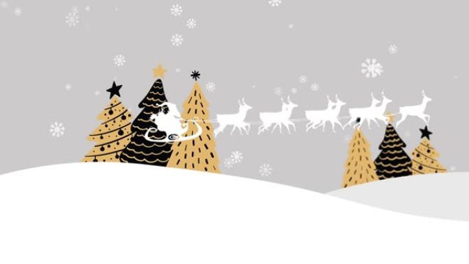 圣诞老人在雪橇上的动画与驯鹿在灰色背景上的杉树上