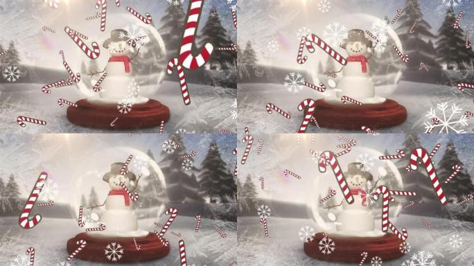 糖果手杖图标和雪花落在冬季风景的雪球上的雪人身上