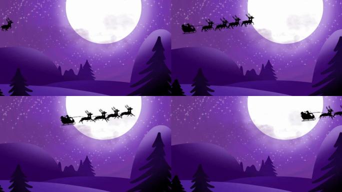 圣诞老人雪橇和驯鹿飞越月球和山脉景观