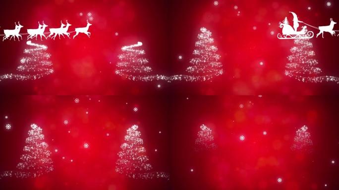 雪橇上的圣诞老人被驯鹿拉着，反对形成两棵圣诞树的流星