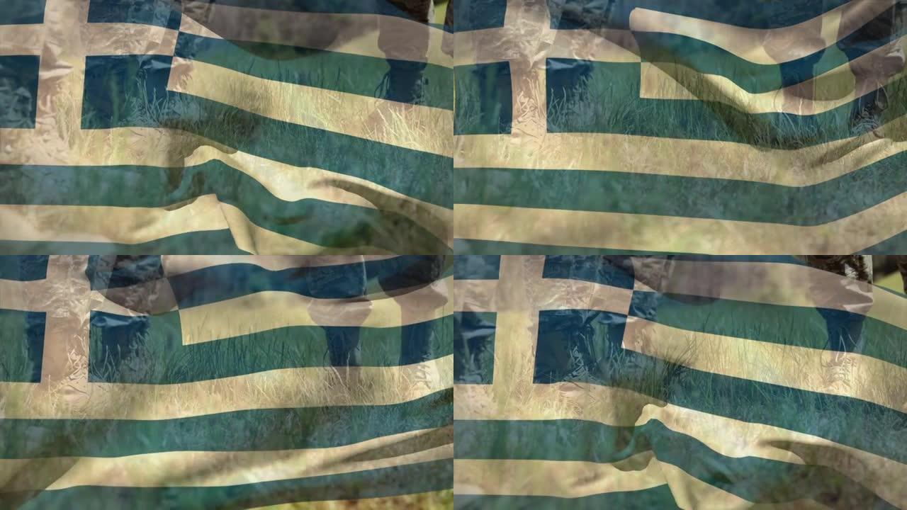 希腊国旗动画在不同的男性士兵