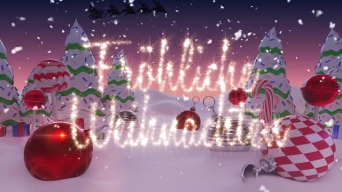 圣诞老人在雪橇上与驯鹿在冬季风景上的节日快乐文本动画