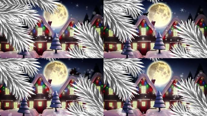 圣诞老人在雪橇上的动画，驯鹿在月亮和冬天的风景上移动
