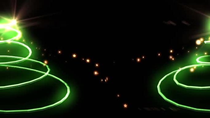 绿色流星在黑色背景上形成圣诞树和发光斑点的动画