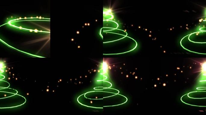 绿色流星在黑色背景上形成圣诞树和发光斑点的动画