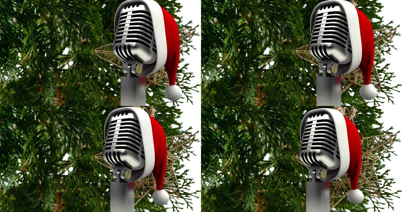 白色背景杉树上老式麦克风上的圣诞老人帽子动画