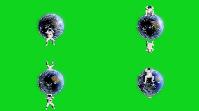 宇航员围绕地球旋转，绿屏Chromakey