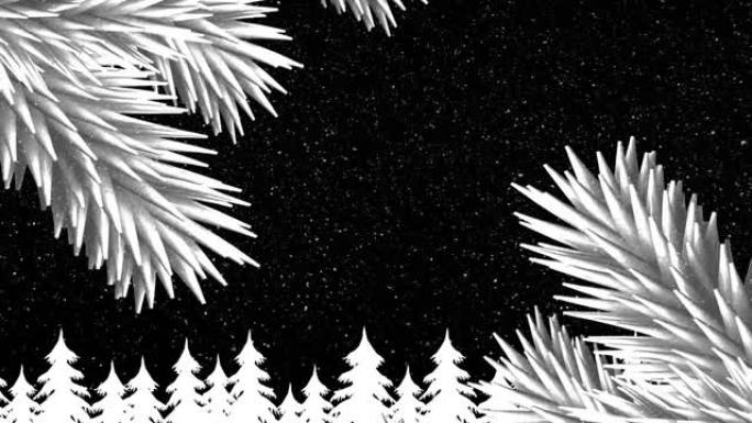 圣诞树树枝上的雪落在黑色背景下的多个树图标上