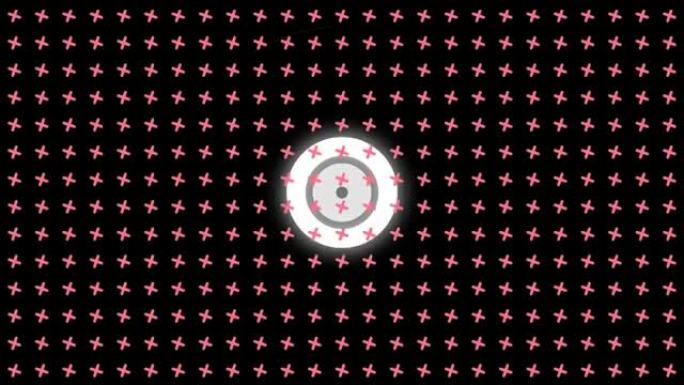 动画闪烁白色的数据加载环在旋转的粉红色十字架的网格在黑色