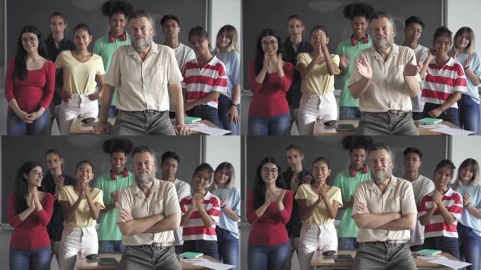 积极的多民族青少年中学生和友好的老师在教室里微笑着拍手庆祝成功。教育中的文化多样性