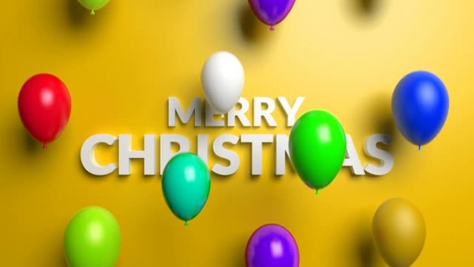 圣诞快乐概念，黄色背景上飞行彩色气球。循环3D动画
