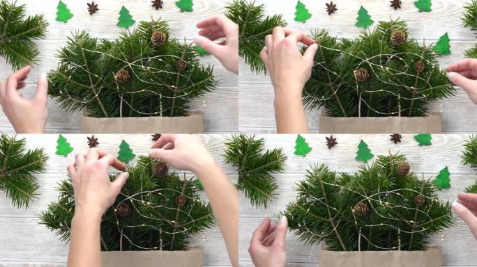 圣诞家居装饰，八角和圆锥体的树枝松树平放俯视图，节日组合，花环和绿色植物放在木制桌子上，玩具形状的圣