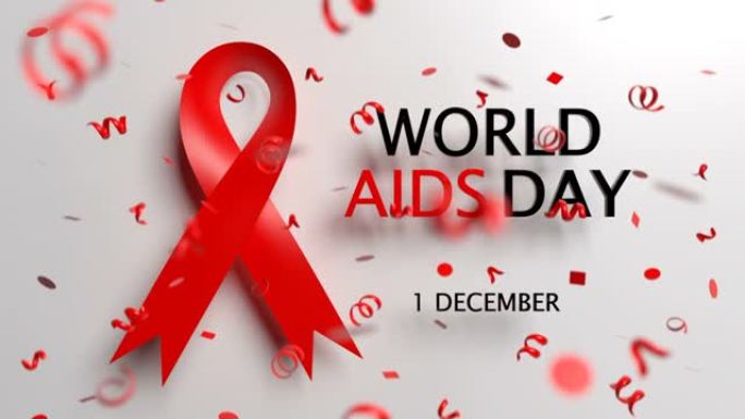 用红丝带和落下的五彩纸屑12月1日世界艾滋病日概念。循环3D动画背景