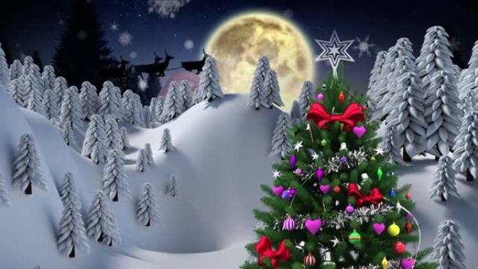 雪花落在圣诞树上的冬季景观和夜空中的月亮上
