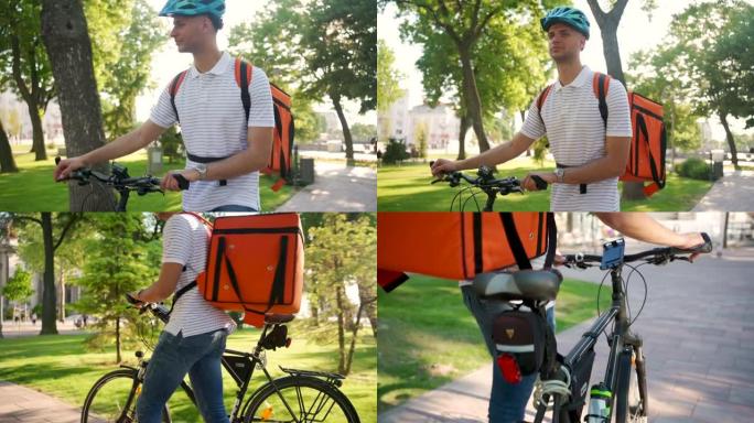 开朗的年轻送货员，骑着自行车在城市运送食物
