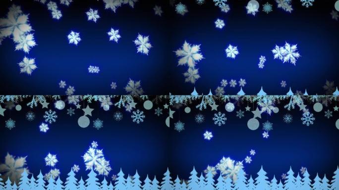 蓝色背景上漂浮的雪花上的圣诞挂饰和圣诞树图标