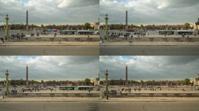 协和广场与卢克索方尖碑的景观，包括巴黎香榭丽舍大道-4k延时