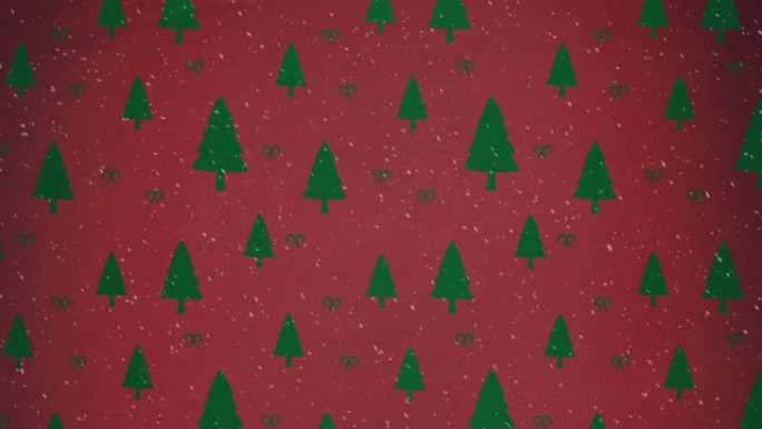 红色背景下的落雪和圣诞树动画