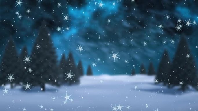 雪落在冷杉的冬季风景中的动画