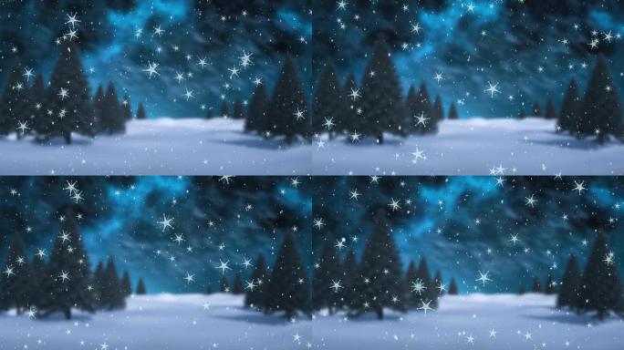 雪落在冷杉的冬季风景中的动画