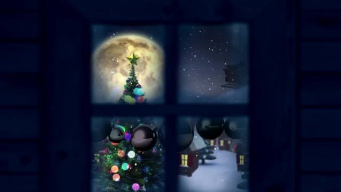 圣诞老人在雪橇上的动画和驯鹿在圣诞节的冬天透过窗户看到的风景