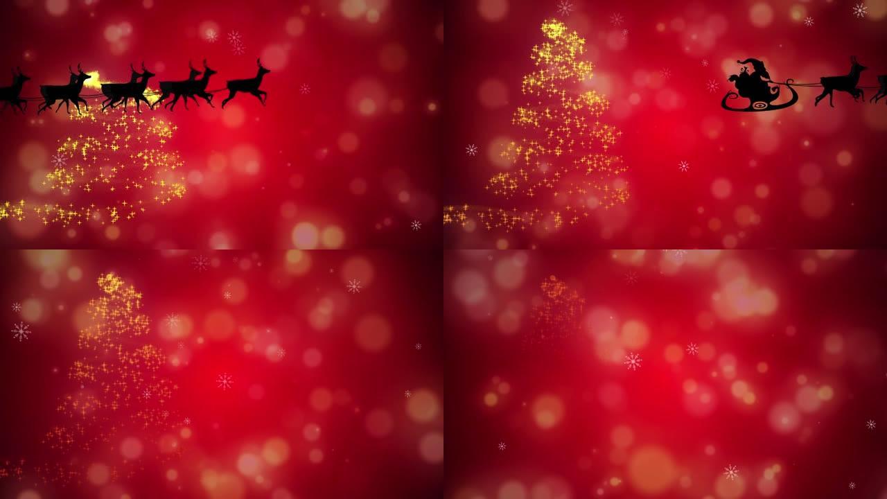 雪橇上的圣诞老人被驯鹿拉着，反对流星形成圣诞树