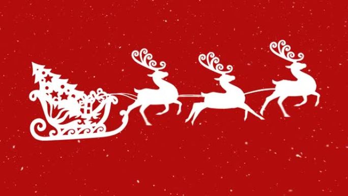 雪落在雪橇上的圣诞树上，被驯鹿拉着红色背景