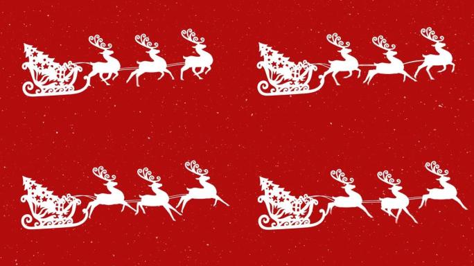 雪落在雪橇上的圣诞树上，被驯鹿拉着红色背景