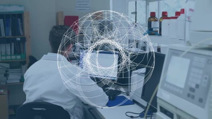 使用计算机在男医生上方的白色圆圈动画