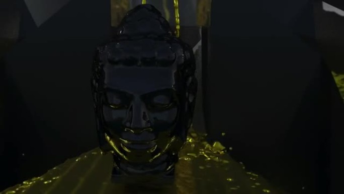 液态金从黑色光泽Budhha头后面的玻璃来源流出