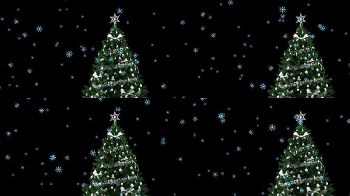 在黑暗的背景下，雪花落在圣诞树上的动画