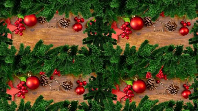 木制背景上装饰上的圣诞杉树框架动画