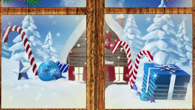 通过窗户看到的房子和礼物的冬季圣诞节场景动画