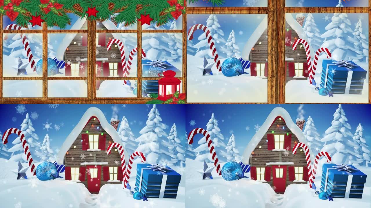 通过窗户看到的房子和礼物的冬季圣诞节场景动画
