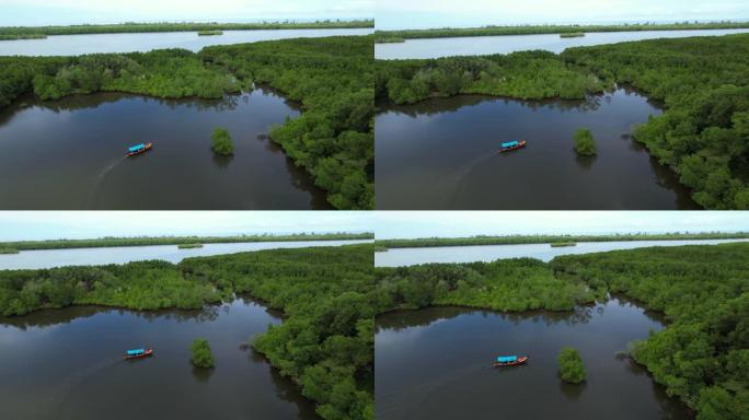 泰国攀牙府红树林湿地河中的4k鸟瞰图多莉倾斜长尾船