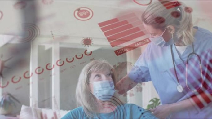 高加索高级妇女和护士戴口罩的数据处理动画