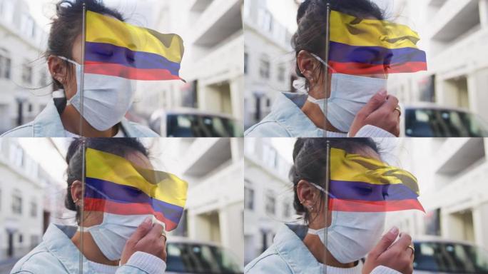 戴着口罩的妇女的哥伦比亚国旗动画