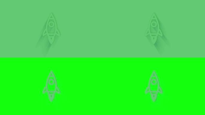 绿色背景上有阴影的动画火箭飞船图标。Neumorphism最小风格。透明背景。4k视频动态图形动画。