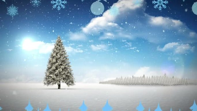 圣诞装饰品悬挂在冬天风景上落在圣诞树上的雪上