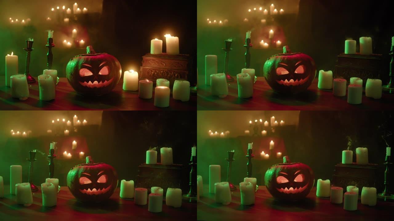 南瓜灯和吹着燃烧的蜡烛特写。木桌上刻有火焰的雕刻南瓜。万圣节符号，吓人的脸，传统的秋季节日装饰品