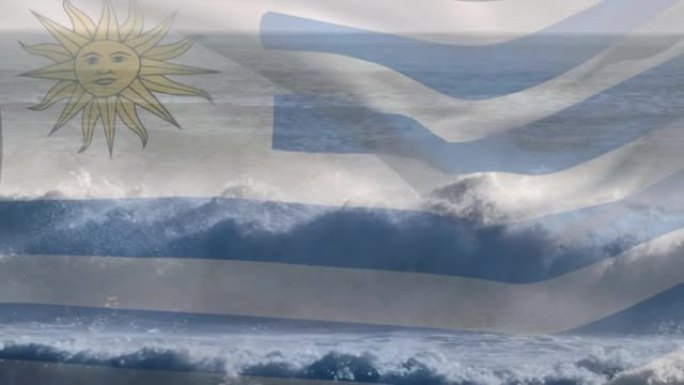 数字组成挥舞乌拉圭国旗对抗海浪在海