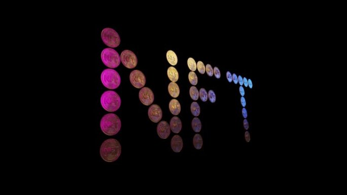 3D渲染-由NFT硬币制成的标志nft通过移动粉红色和蓝色的灯光点亮。透明背景