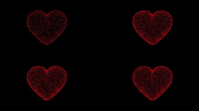 黑色背景上的红心，抽象粒子动画背景4k，情人节，爱情。模糊散焦