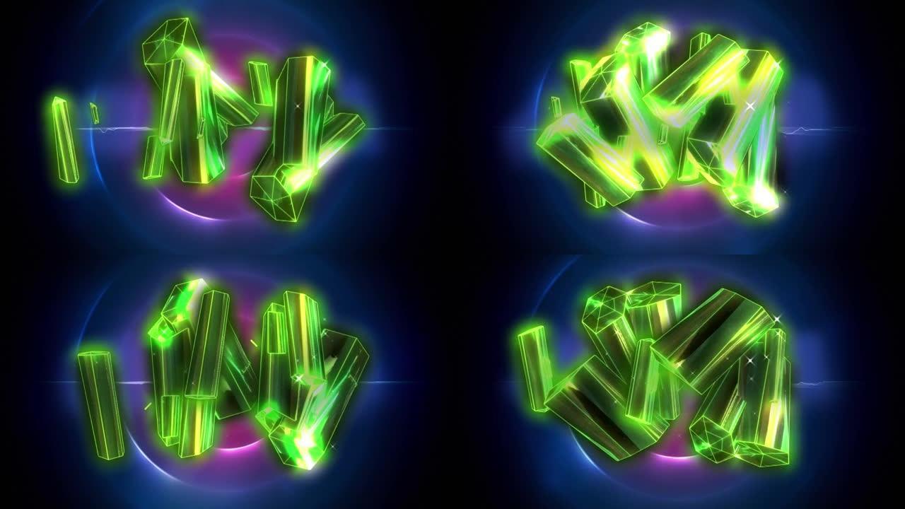 蓝色背景上的粉红色螺旋光迹的绿色水晶数字动画
